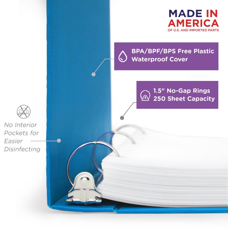 Carstens 1.5-Inch Heavy Duty 3-Ring Binder - Side Opening, Pool Blue, Durable Plastic, Precision No-Gap Rings, Waterproof Cover, No Pockets, Holds 250 US Letter Sheets, BPA-Free, Made in USA (1541-3R) - Image 2